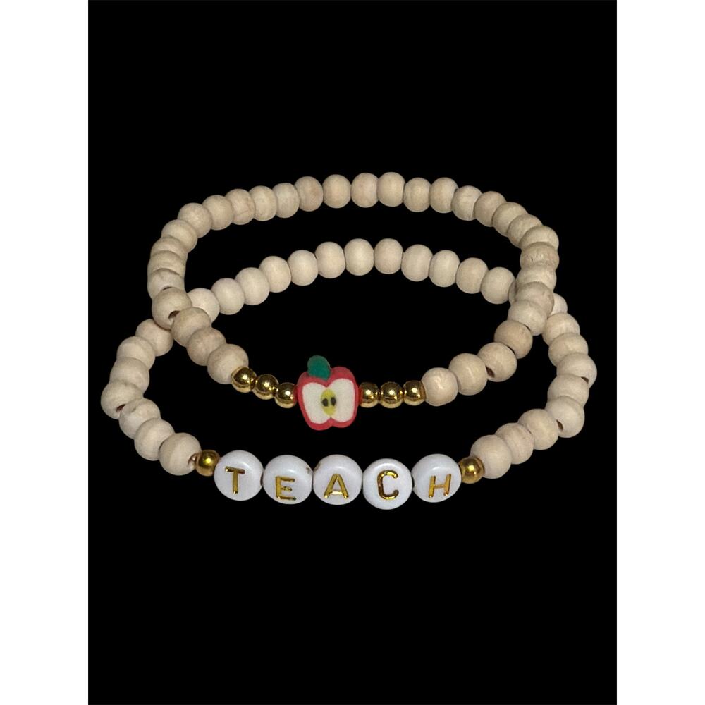 Teach Beaded Letter Stretchy Bracelets Teacher Wooden Beads 2 Piece Set